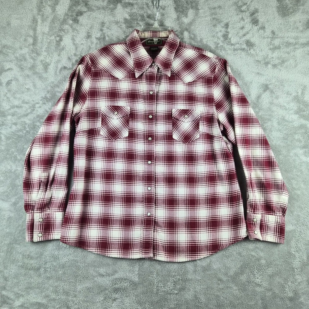 Vintage Eddie Bauer Shirt Womens Medium Burgundy Cream Plaid Flannel Pearl Snap